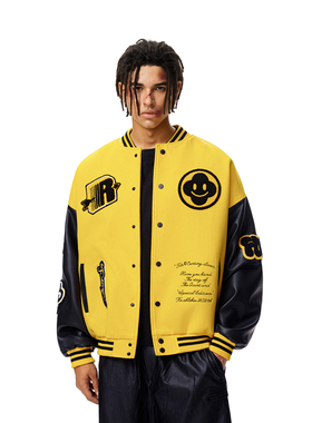 FDR官方店 笑脸R绣花夹棉棒球服外套男女秋冬季加厚美式情侣夹克