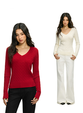 FDR官方店 V领绞花修身显瘦内搭毛衣女春季辣妹长袖针织打底上衣