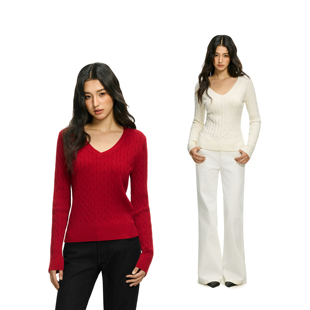 辣妹长袖 显瘦内搭毛衣女春季 针织打底上衣 V领绞花修身 FDR官方店