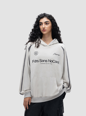 FDR原创国潮新款连帽麂皮拼接运动卫衣男女春秋高街情侣宽松上衣