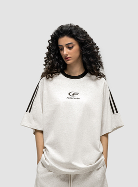 FDR 国潮美式复古拼接插肩短袖t恤男女夏季高街情侣宽松织带上衣