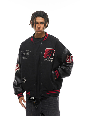 FDR美式重磅宽松情侣夹克男款2025秋季徽章拼接撞色棒球服外套女