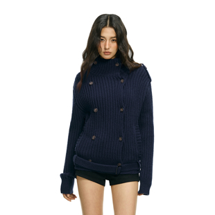 FDR官方店 翻领宽松绑带收腰针织开衫女春季双排扣毛衣显瘦上衣