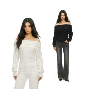 新款 收腰毛衣女2026春季 针织上衣 翻边纽扣一字露肩长袖 FDR官方店