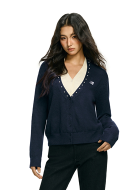 FDR官方店 V领撞色拼接钉珠长袖针织衫女春季假两件毛衣开衫上衣