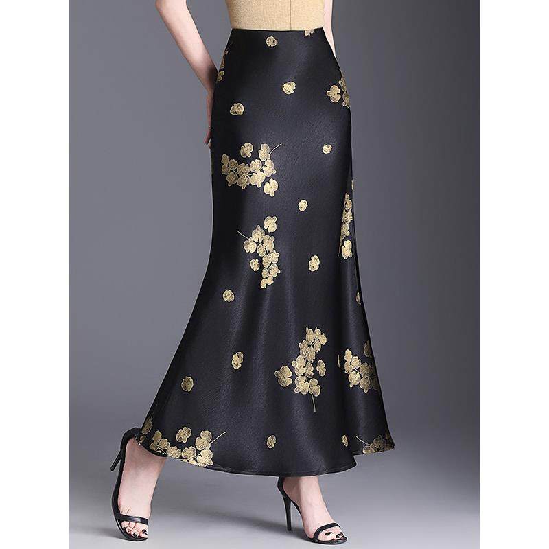 醋酸缎面印花半身裙女2025春夏新款高腰显瘦中长款开叉一步包臀裙