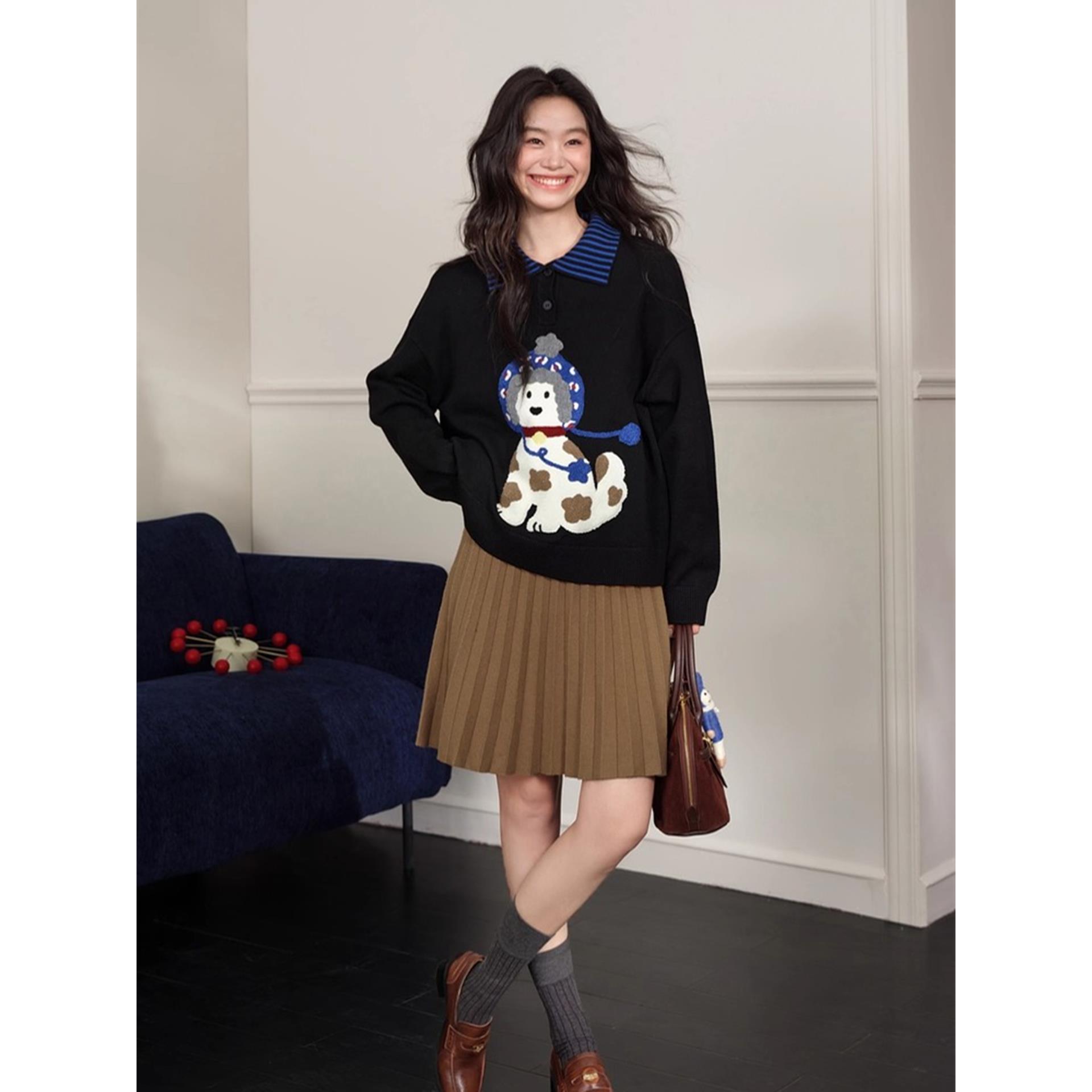 阔条纹polo领黑色毛衣女2025秋冬季新款毛巾绣小狗针织衫上衣