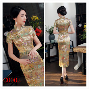 改良复古走秀经典锦缎旗袍中老年长旗袍走秀演出拍照长旗袍礼服裙