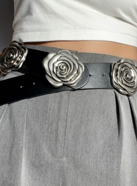 永不落俗夏季装饰玫瑰植鞣现货黑色小众设计腰带饰品做旧