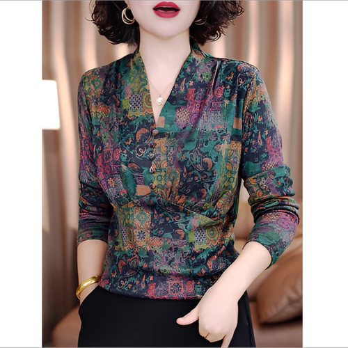 2025秋季时尚V领气质印花长袖磨毛打底衫设计感减龄小衫显瘦上衣