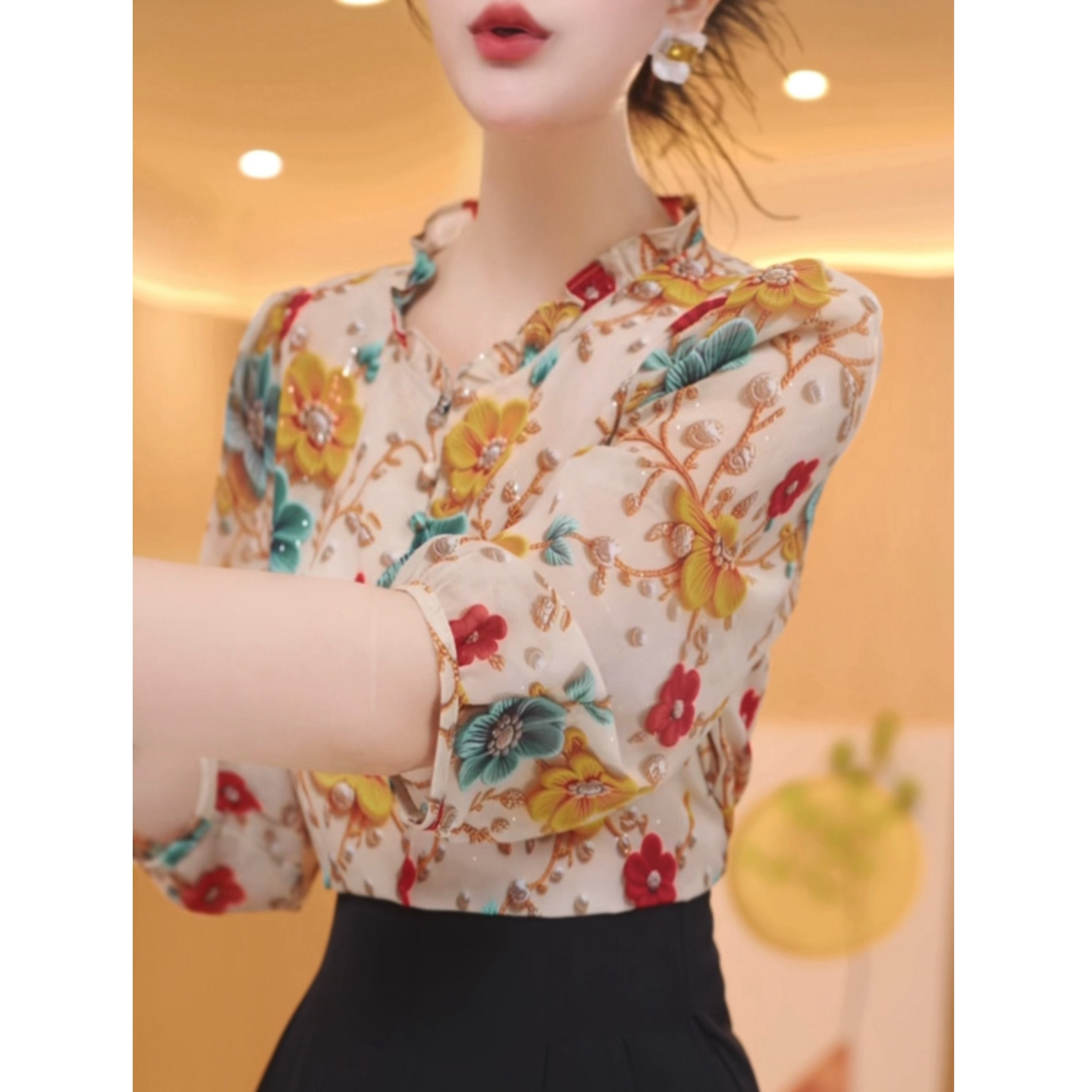 高级感气质木耳领印花上衣2026夏季新款N洋气减龄花色七分袖衬衫
