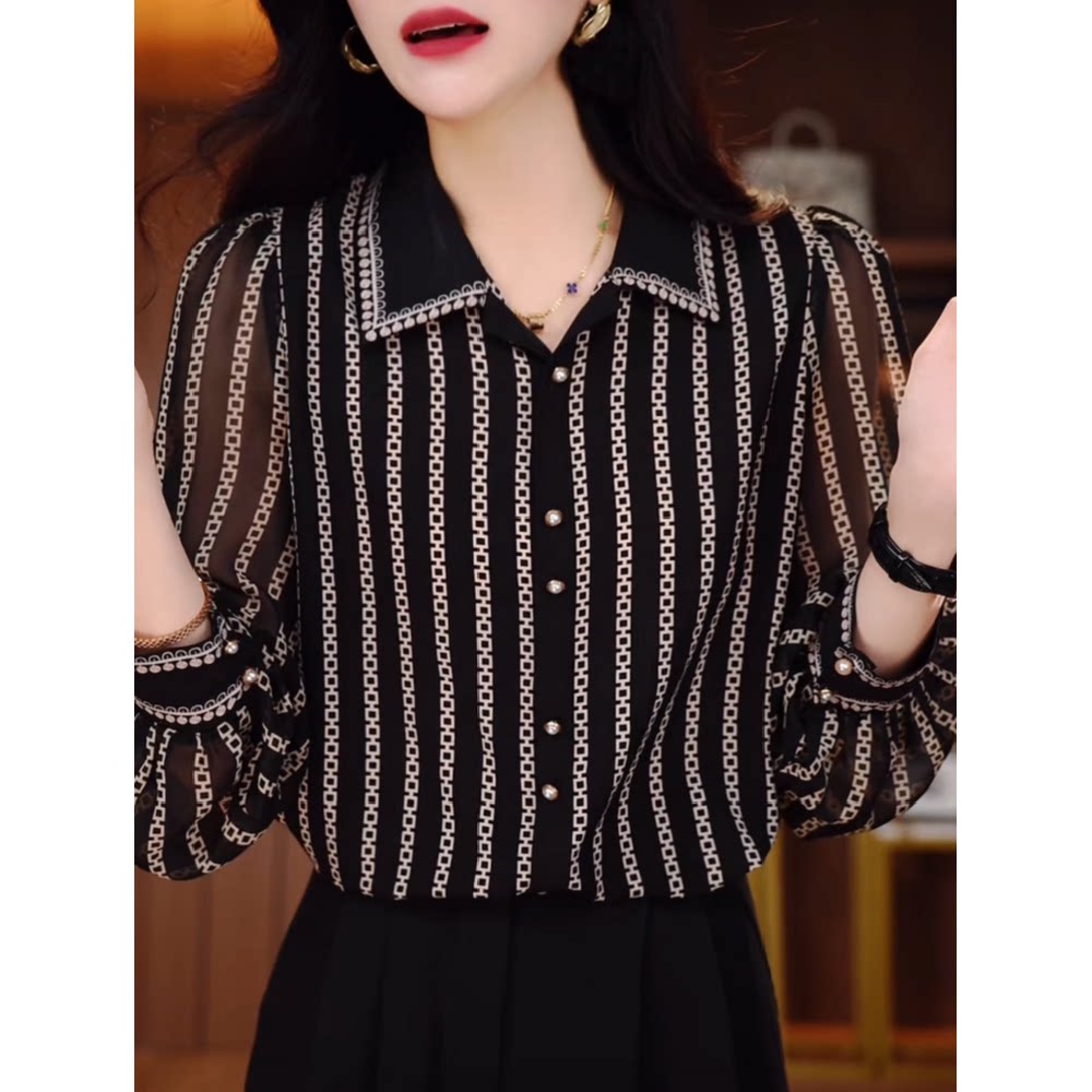 时尚条纹翻领小衫2026秋季新款气质百搭减龄显瘦长袖衬衫女上衣