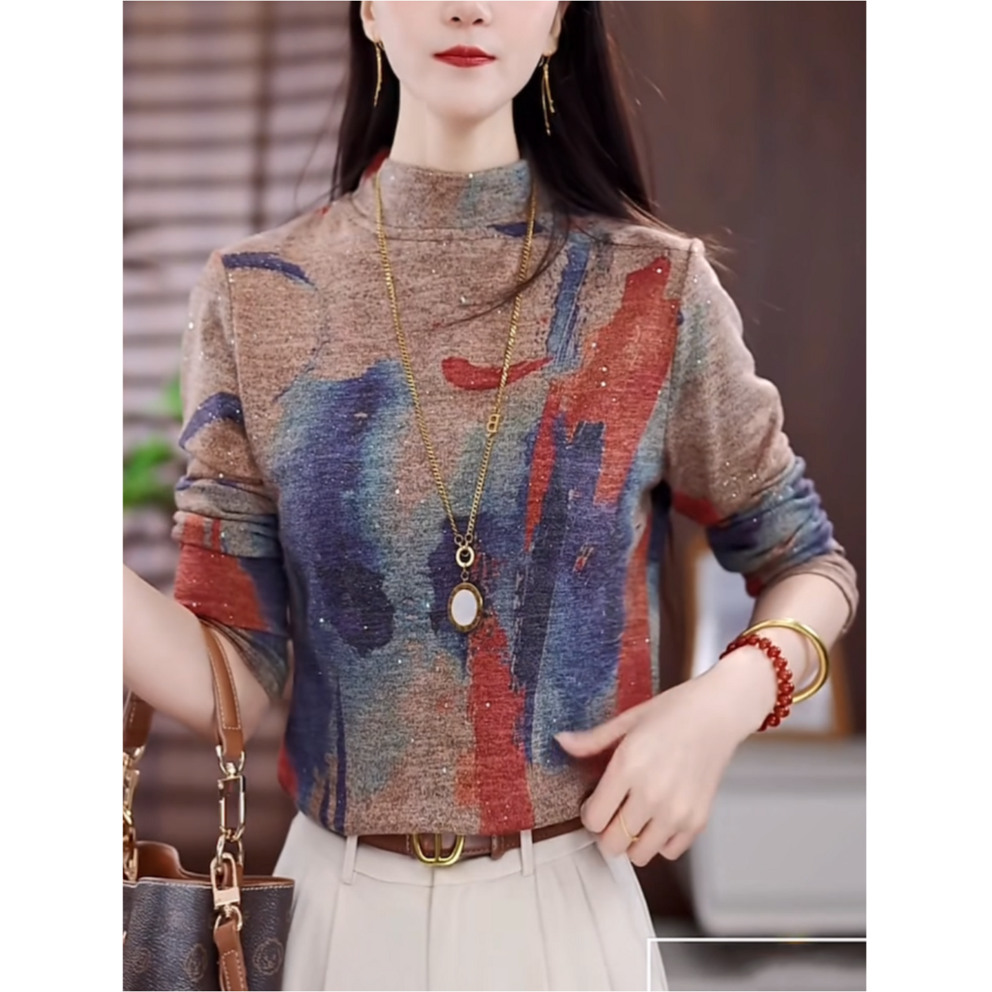 欧货内搭德绒打底小衫女士妈妈款春秋冬装洋气高级感印花长袖上衣