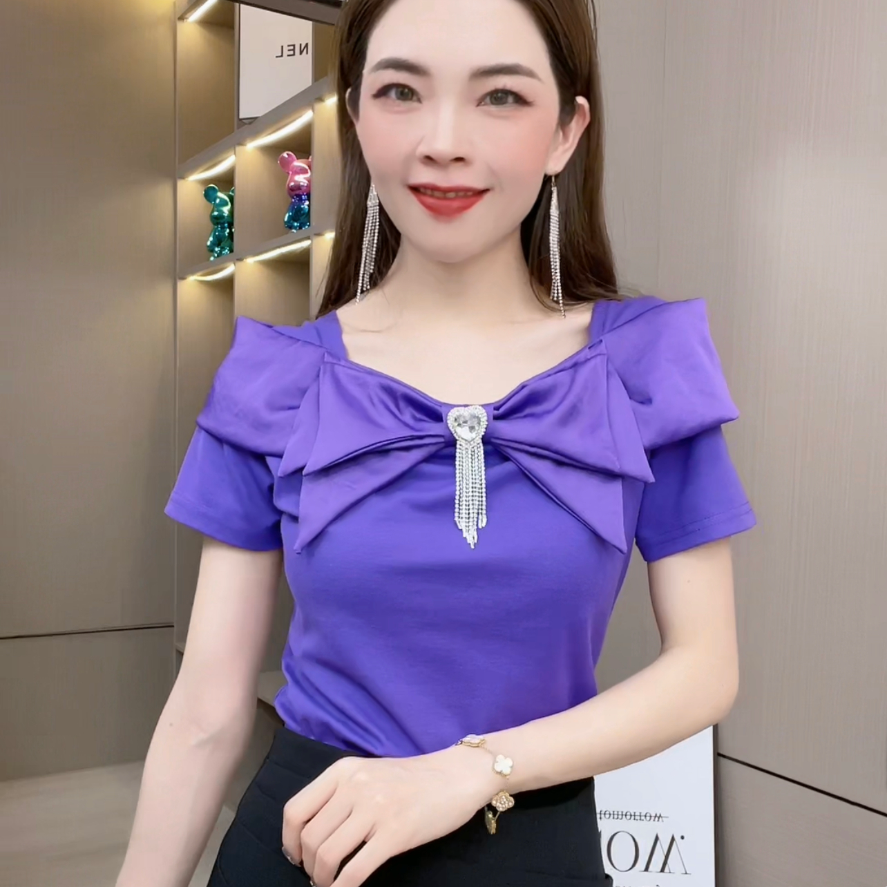 高端洋气欧货短袖t恤女夏设计感立体蝴蝶结收腰显瘦气质百搭上衣