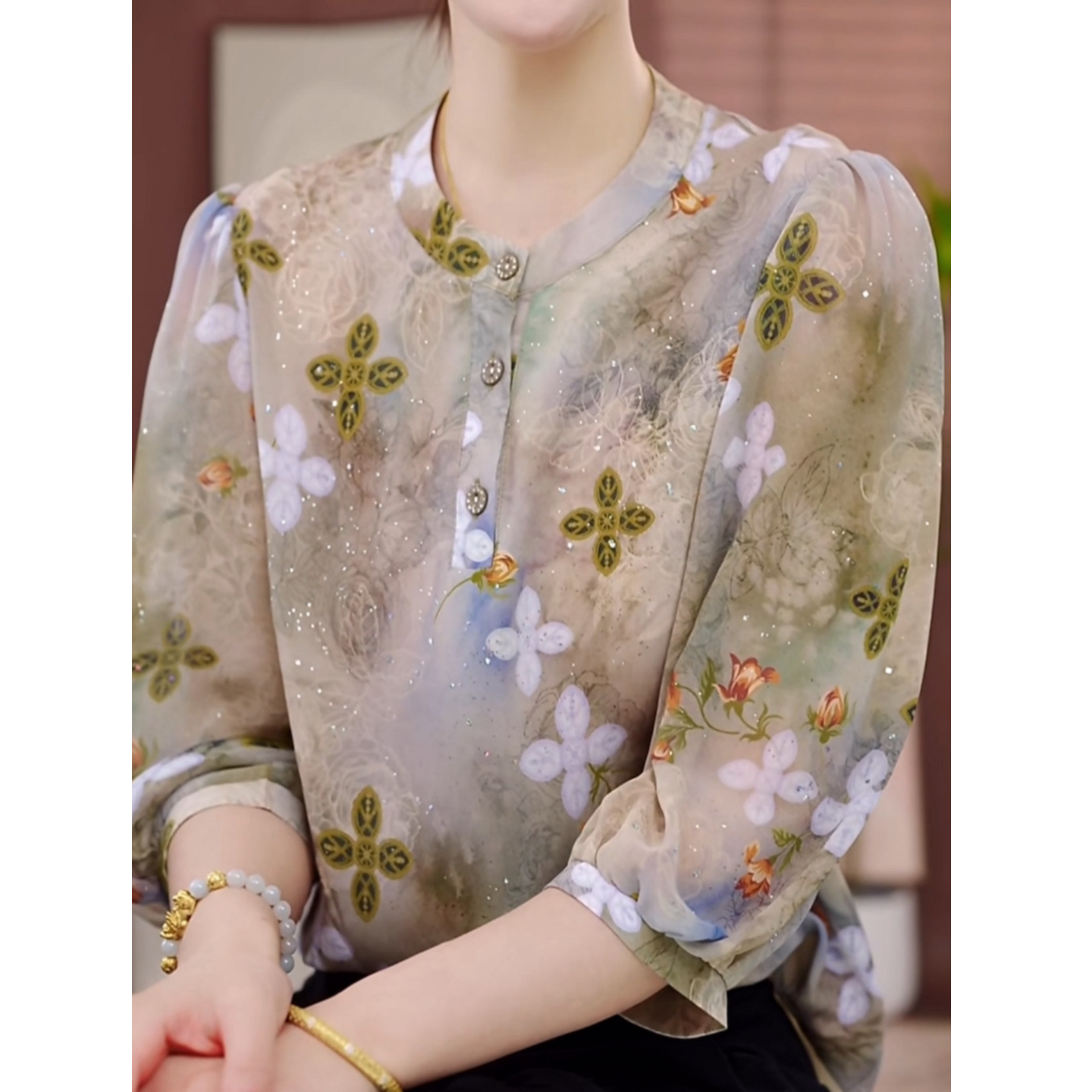 时尚花色七分袖衬衫女2026春夏季新款妈妈装洋气减龄宽松显瘦小衫