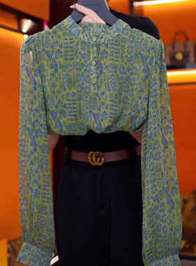 高级感轻奢长袖衬衫女秋季2026新款宽松洋气减龄绿色印花上衣