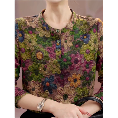 洋气德绒圆领印花T恤女春秋冬新款妈妈显瘦打底上衣长袖内搭小衫