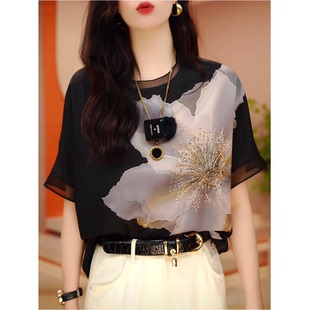 妈妈洋气质漂亮小衫 新款 宽松遮肚子上衣薄 雪纺t恤女夏季 高端短袖