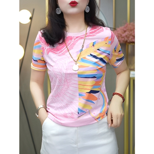 欧货印花双层网纱短袖T恤女夏季新款时尚百搭圆领修身显瘦上衣潮