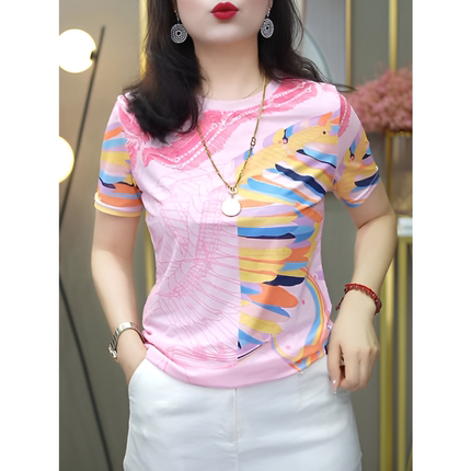 欧货印花双层网纱短袖T恤女夏季新款时尚百搭圆领修身显瘦上衣潮