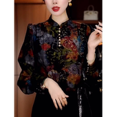 套头减龄显瘦薄款 时尚 上衣 女2026春秋新款 洋气质复古花色立领衬衫