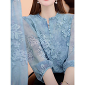 宽松印花妈妈装 法式 女上衣春夏气质显瘦小衫 衬衫 木耳边蓝色七分袖