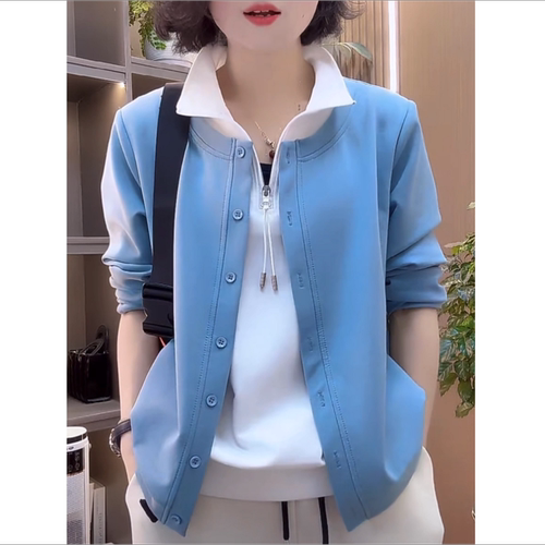 春秋新款假两件拉链时尚休闲长袖卫衣百搭打底衫女洋气妈妈装上衣