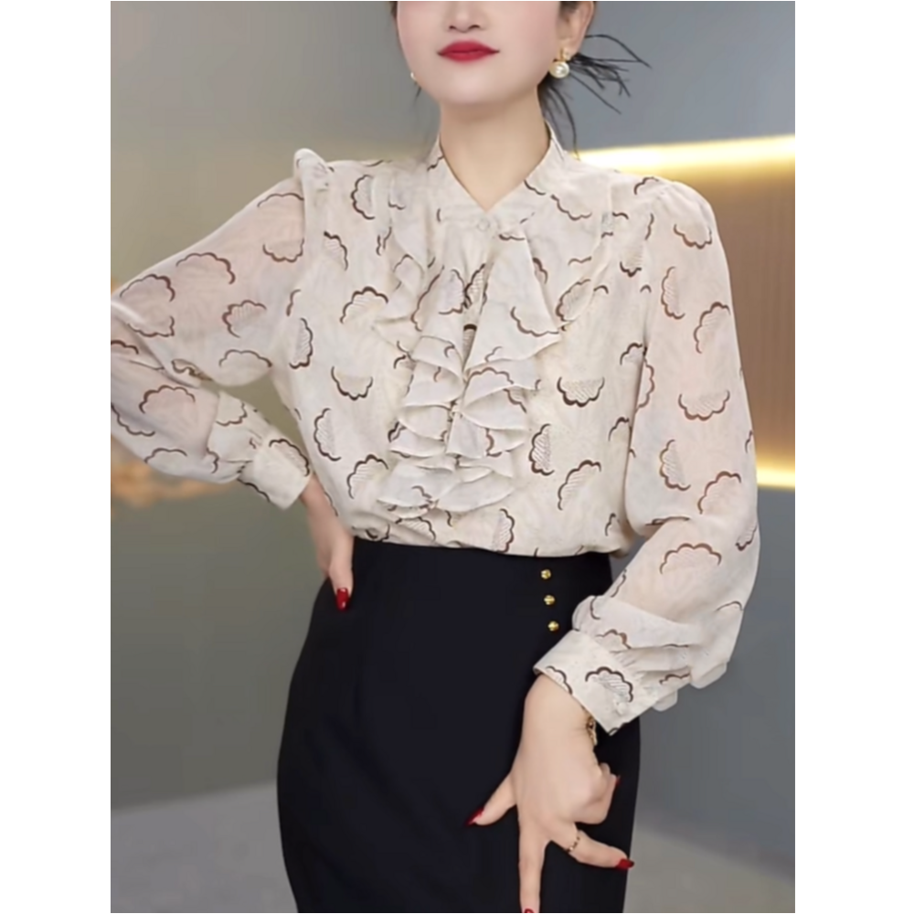洋气碎花木耳边显瘦衬衫女春季新款时尚减龄长袖立领百搭小衫上衣