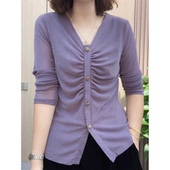 V领简约纯色显瘦气质上衣百搭时尚 女士秋季 长袖 妈妈装 洋气 新品