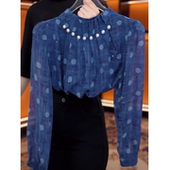 减龄百搭上衣 女气质钉珠小衫 2026早秋高级感蓝色波点立领长袖 衬衫