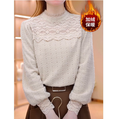 秋冬新款立领订珠长袖打底衫单穿时尚百搭加绒加厚蕾丝衫保暖上衣