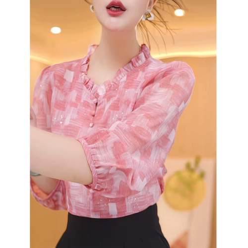 气质花边领七分袖印花衬衫女上衣夏装Z气质显瘦小衫宽松妈妈装