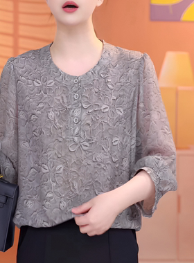 2026春夏款七分袖灰色印花圆领衬衫女气质显瘦薄款宽松妈妈装上衣