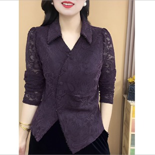 妈妈翻领显瘦不规则洋气质百搭开衫 设计感蕾丝长袖 新款 女秋季 衬衫