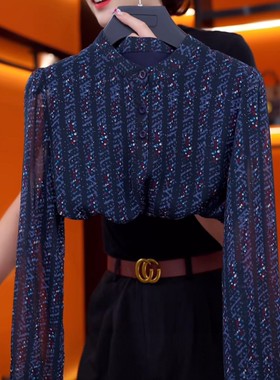 早秋高级感蓝色衬衫女气质显瘦I高级感圆领减龄百搭长袖小衫上衣