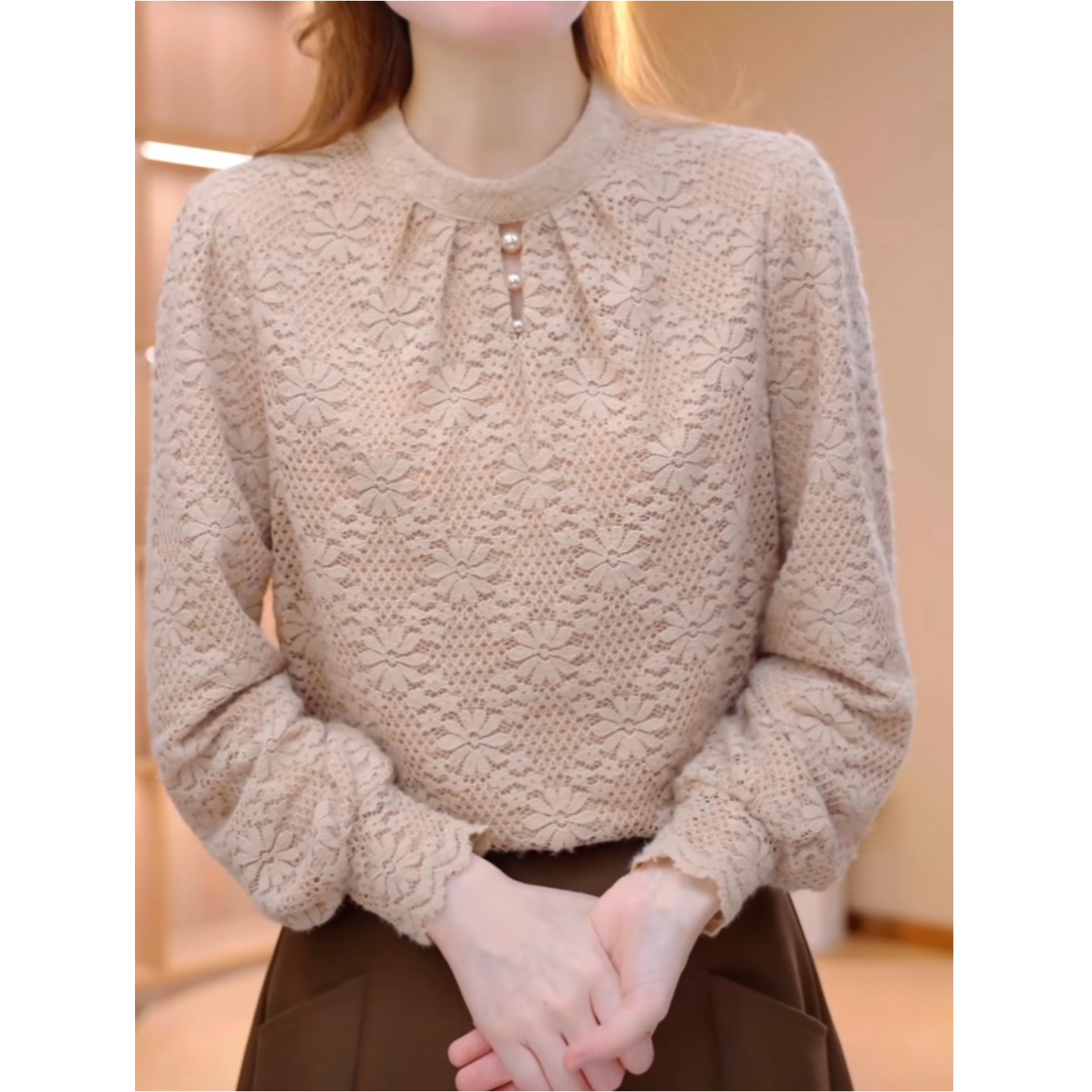 秋冬季新款加绒加厚长袖打底衫女气质减龄妈妈装钉珠蕾丝保暖上衣