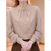 女气质减龄妈妈装 秋冬季 打底衫 加绒加厚长袖 钉珠蕾丝保暖上衣 新款