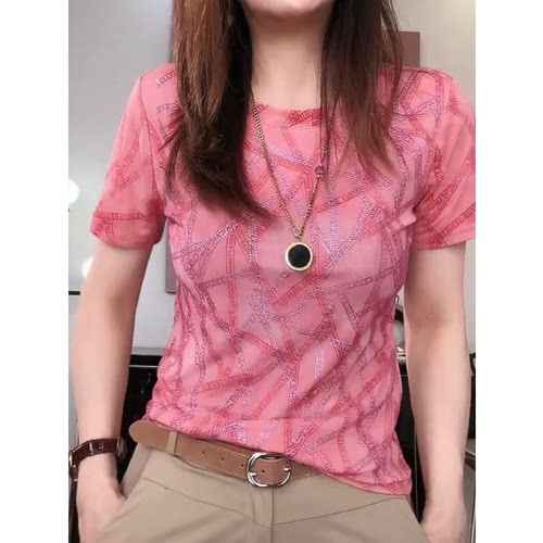 【送运费险】时尚烫钻网纱t恤女