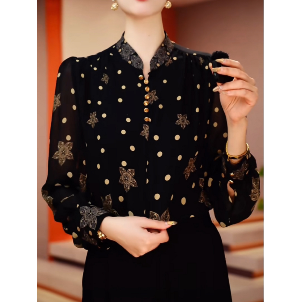 高级感时尚波点印花宽松立领衬衫女春秋新款洋气显瘦薄款长袖上衣