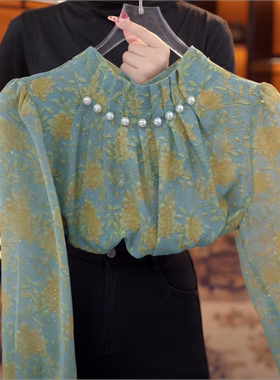 春秋高级感绿色碎花衬衫女气质钉珠设计立领减龄百搭长袖小衫上衣