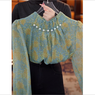 上衣 小衫 春秋高级感绿色碎花衬衫 女气质钉珠设计立领减龄百搭长袖