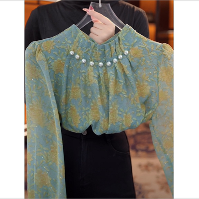 【送运费险】高级感绿色碎花衬衫