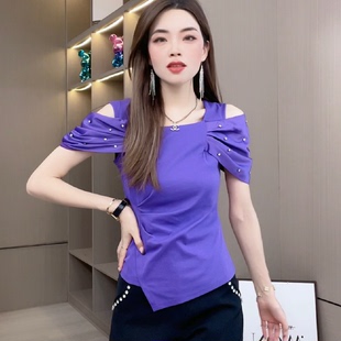 時尚 T恤女2025新款 氣質(zhì)女人味修身 顯瘦方領(lǐng)上衣潮 露肩設(shè)計感短袖