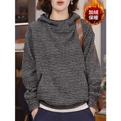 减龄显瘦打底衫 撞色条纹连帽套头长袖 卫衣女秋冬新款 休闲宽松上衣