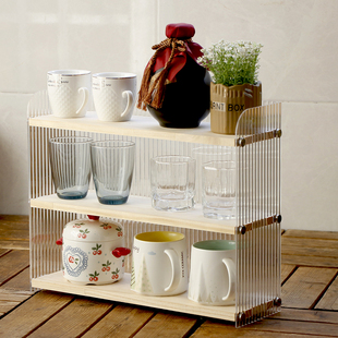 桌面透明多层马克咖啡水杯置物架防尘收纳展示架实木亚克力餐边柜