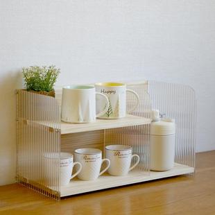 家用桌面透明多层马克咖啡水杯置物架防尘收纳展示架实木亚克力架