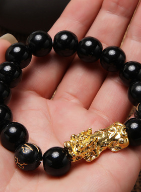 仿黑曜石貔貅手链黑玻璃珠六字真言金貔貅手链会销爆款赠品小礼品