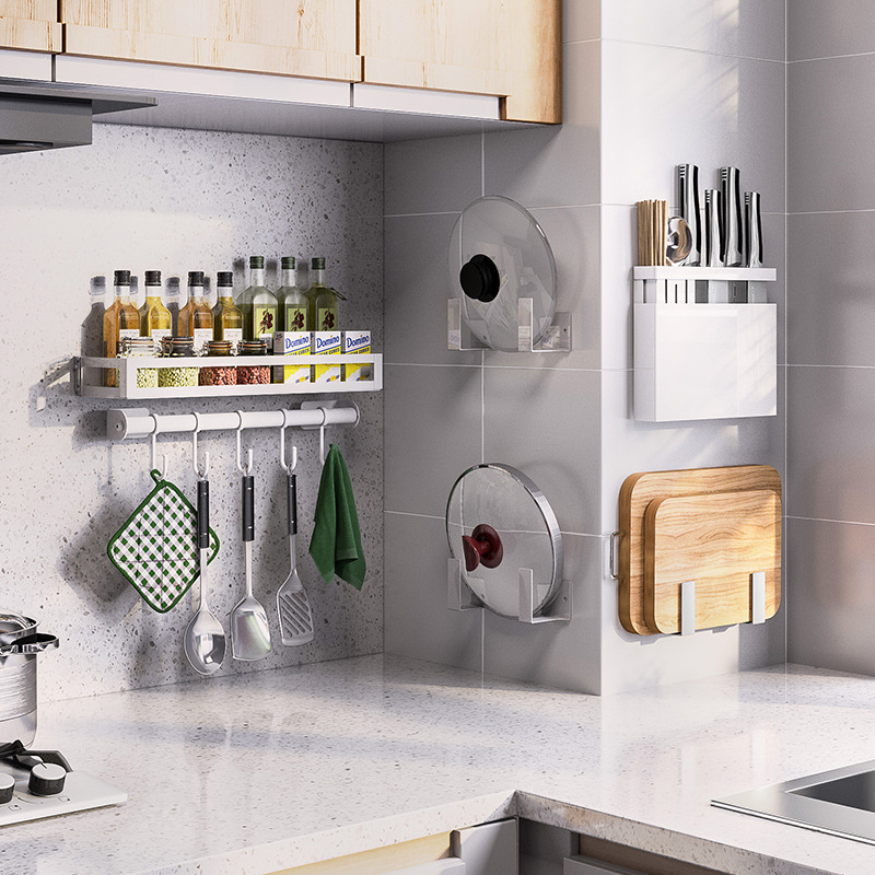 不锈钢免打孔厨房置物架壁挂式锅盖砧板架刀具架调味料碗碟收纳架