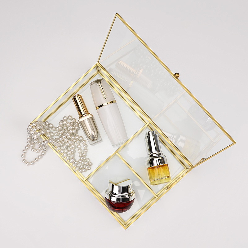 轻奢网红透明玻璃收纳盒金色边带盖化妆品储物盒护肤品口红防尘盒