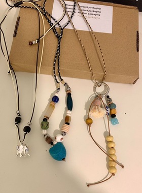 手工编绳复古串珠项链新中式天然石毛衣链小众卫衣颈链女